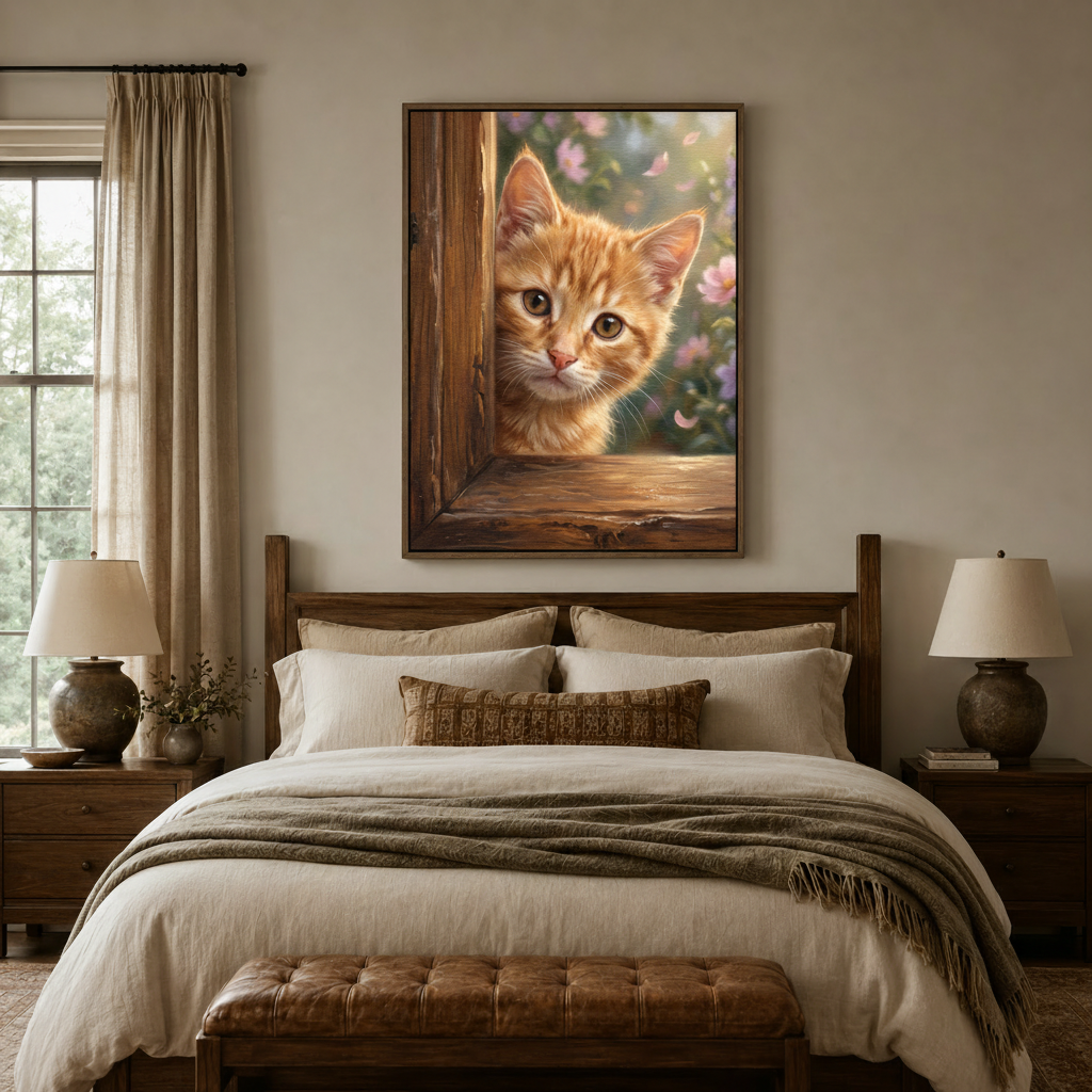 Curious orange tabby kitten peeking wooden door spring blossoms canvas in walnut float frame above cozy bedroom