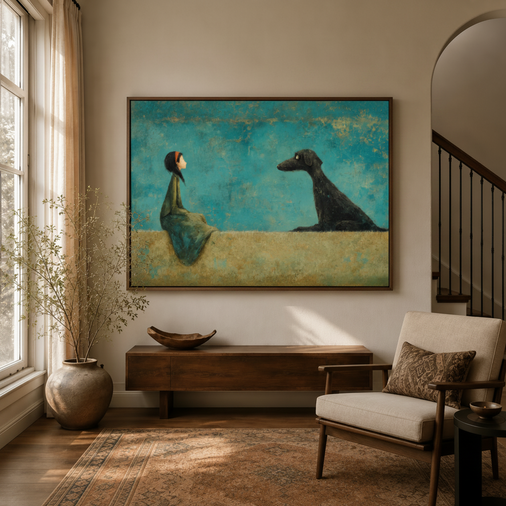 Whimsical minimalist canvas wall art of girl and black dog displayed in a warm living room above a console table
