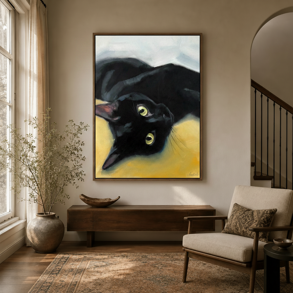 Black cat portrait realistic canvas wall art in dark walnut float frame above entryway console with dried branches and armchair