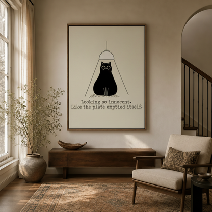 Funny black cat canvas wall art displayed in warm entryway above dark walnut console table