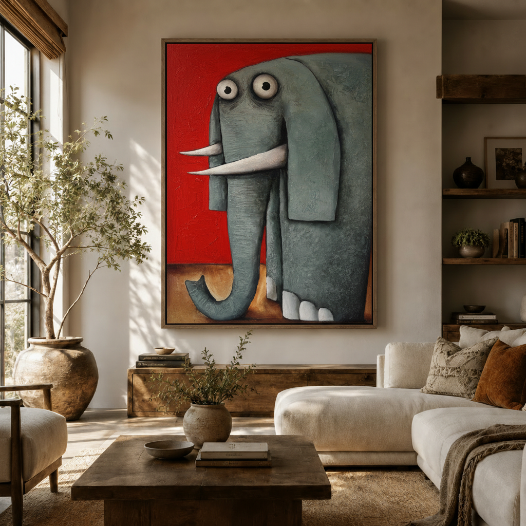 Whimsical elephant pop art canvas print displayed in a bright neutral living room