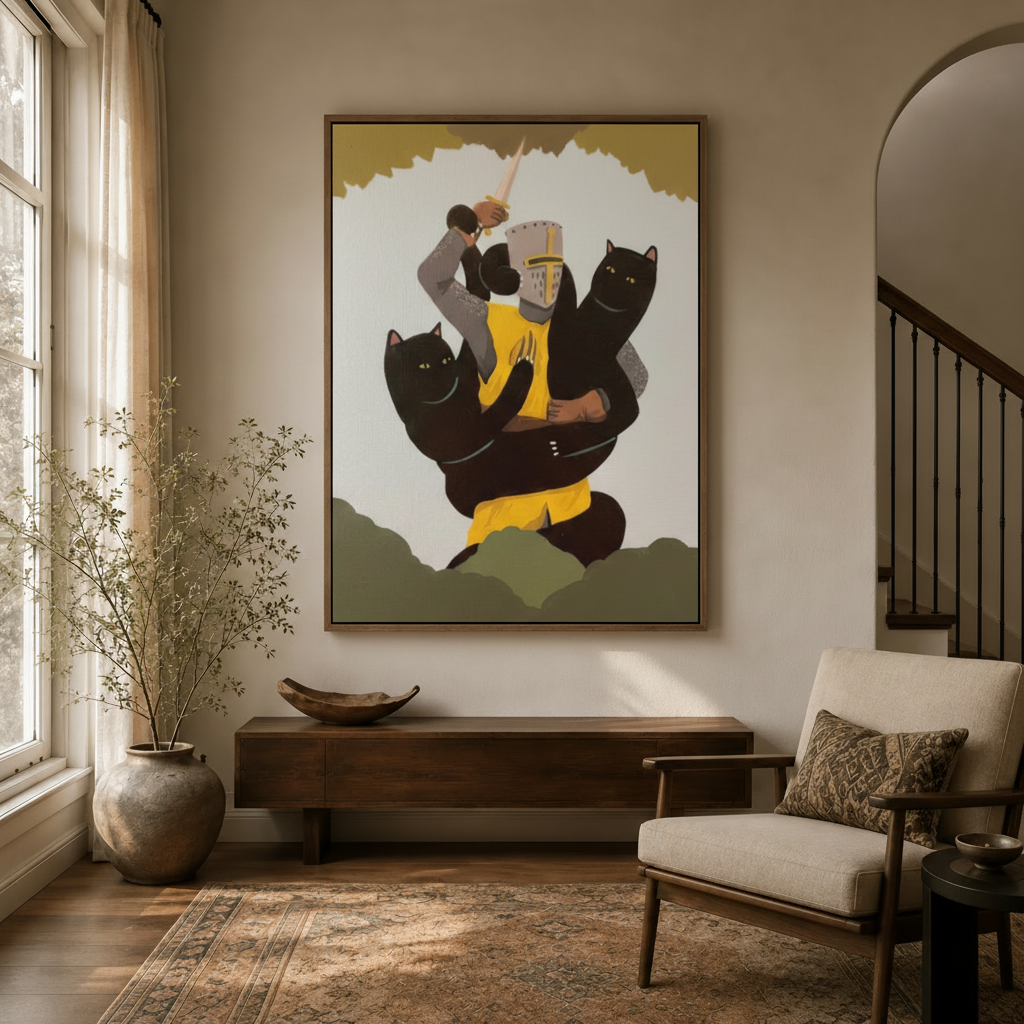 Framed medieval knight and black cats canvas wall art displayed in a warm neutral entryway with wood console