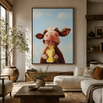 Funny cow drinking milk carton oil painting in warm brown float frame displayed in a bright boho living room