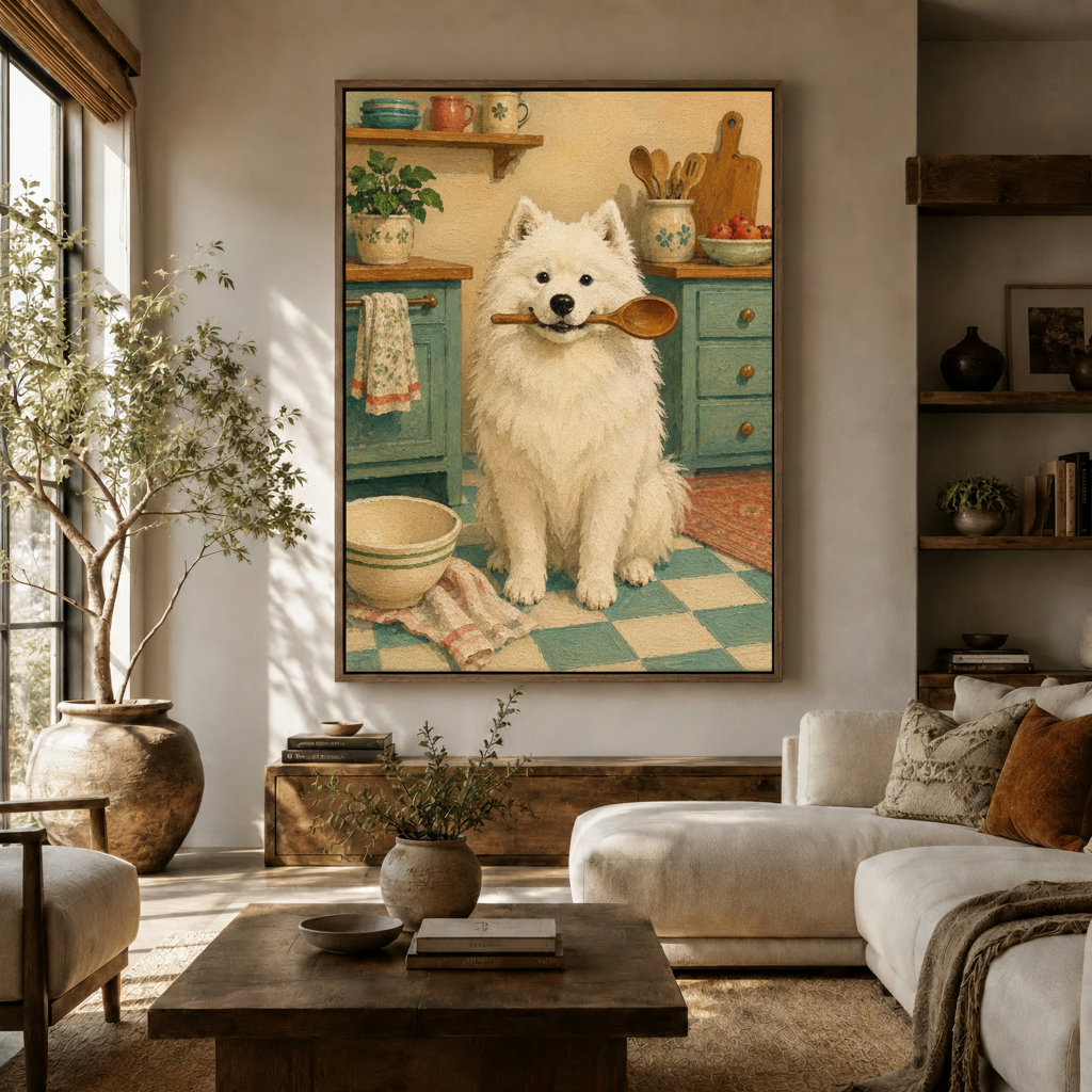 Samoyed dog folk art canvas print displayed in a warm neutral living room above a walnut credenza