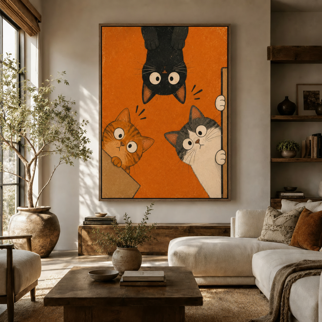 Funny three cats retro illustration canvas print in float frame above living room sofa