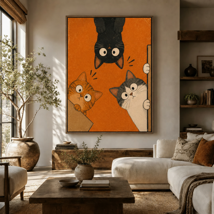 Funny three cats retro illustration canvas print in float frame above living room sofa