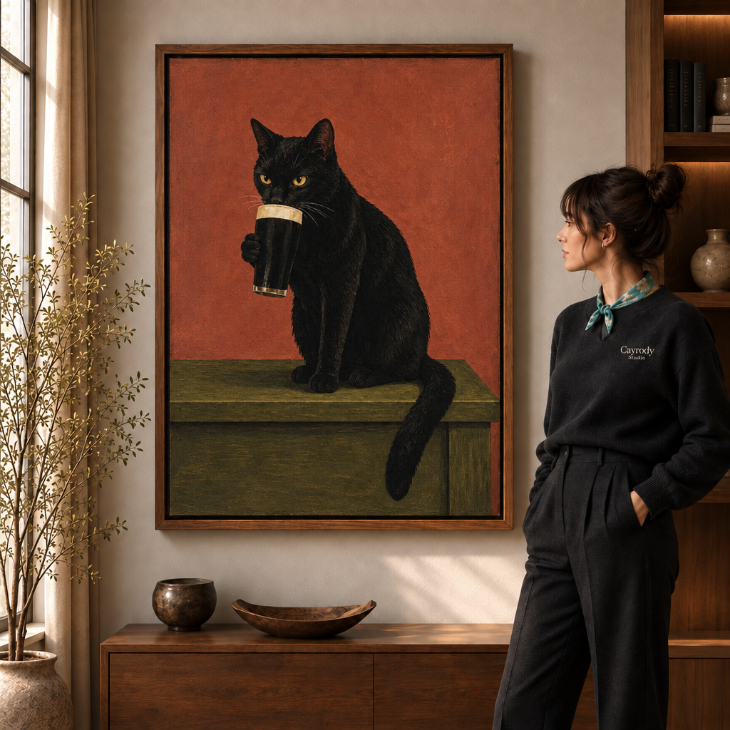 Vintage black cat coffee wall art displayed in a warmly styled living room