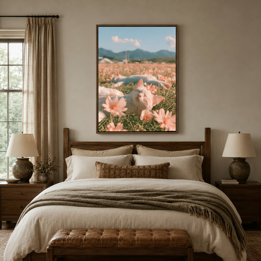 White cat lying in pink cosmos flower field canvas wall art displayed above bed in cozy bedroom