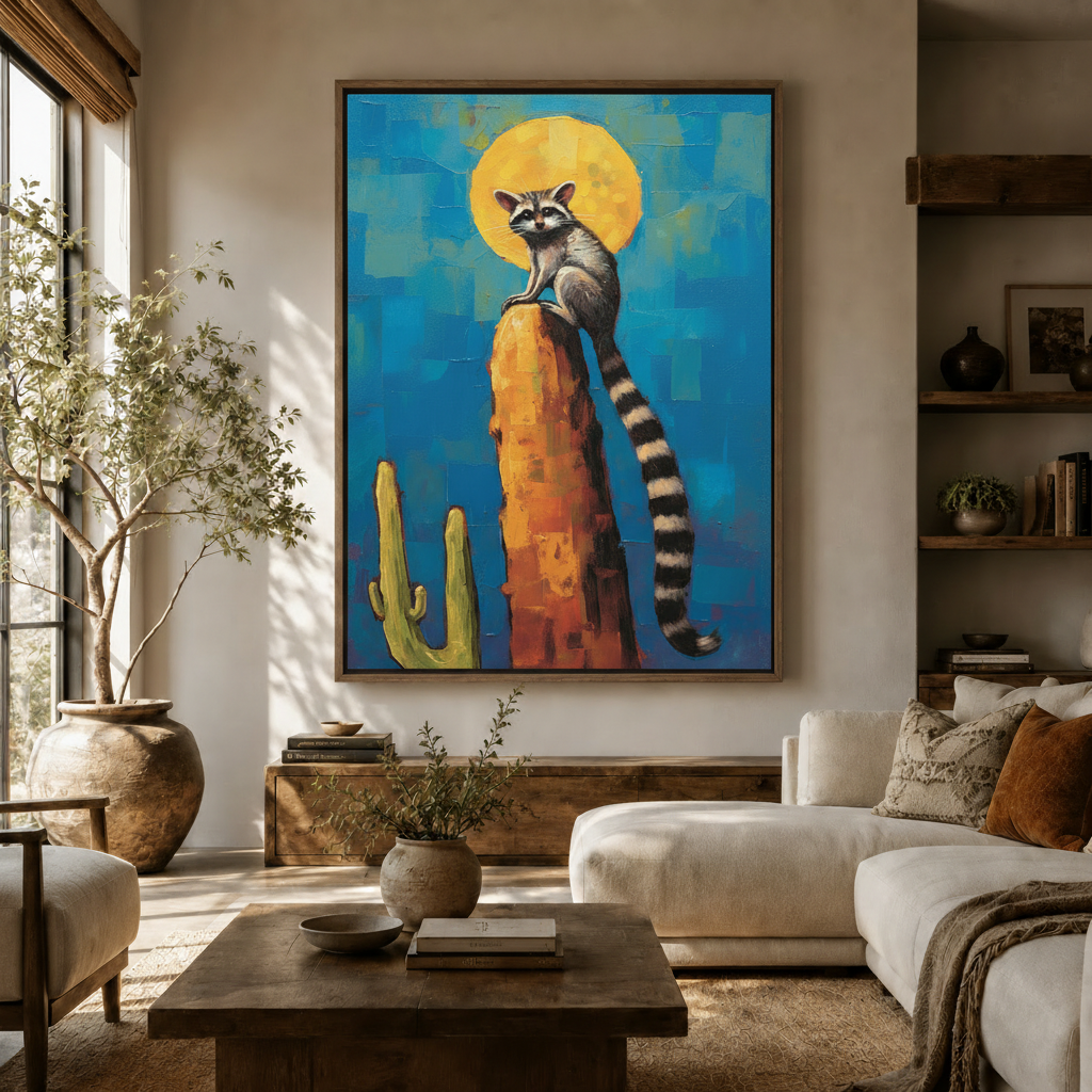 Raccoon on cactus desert impasto canvas wall art displayed above sideboard in warm neutral living room