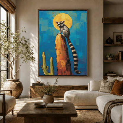 Raccoon on cactus desert impasto canvas wall art displayed above sideboard in warm neutral living room