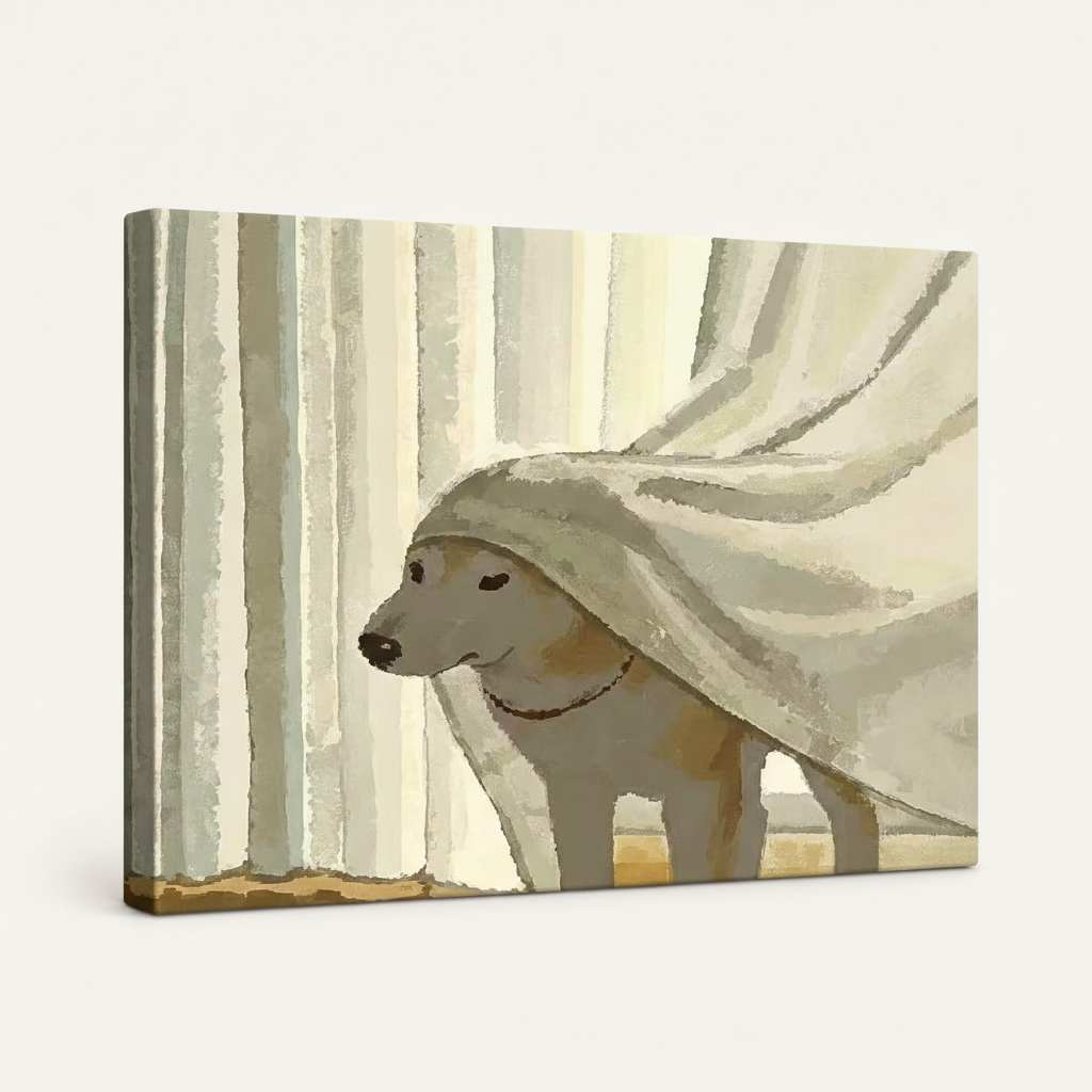 Gallery-wrapped canvas print featuring minimalist dog illustration displayed at an angle on clean white background