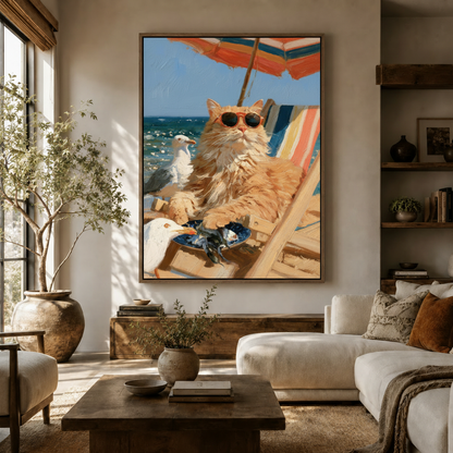 Orange cat with sunglasses oil painting canvas displayed above cream sofa in bright boho farmhouse living room