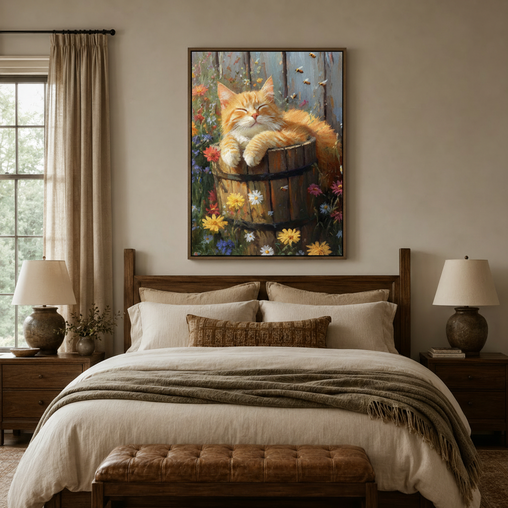 Sleeping orange kitten wildflower garden canvas wall art displayed above bed in cozy neutral bedroom