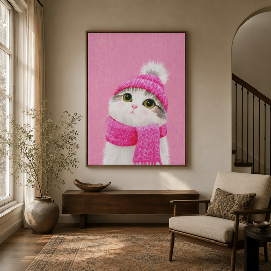 Cute cat in pink knit hat framed canvas wall art in a warm neutral entryway with arched doorway