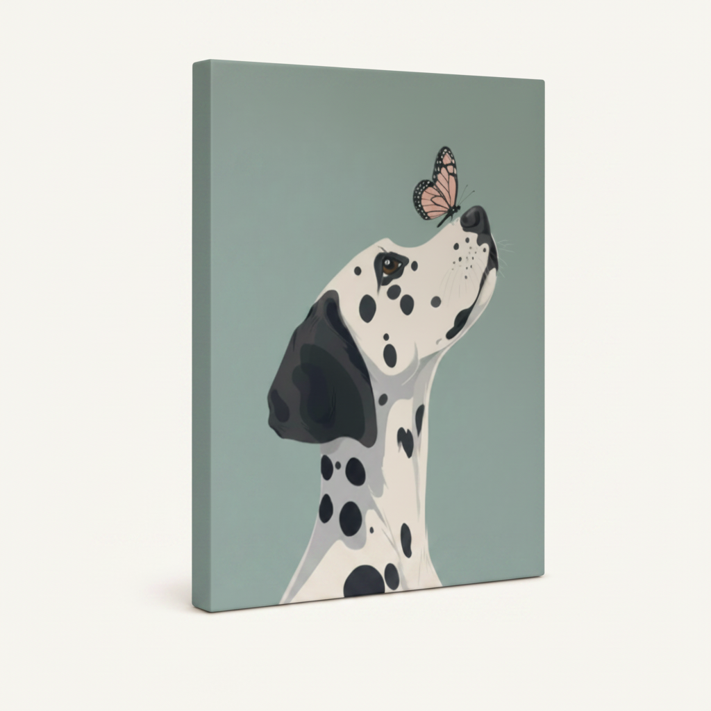 Gallery-wrapped minimalist Dalmatian canvas print with butterfly on sage blue background, angled side view