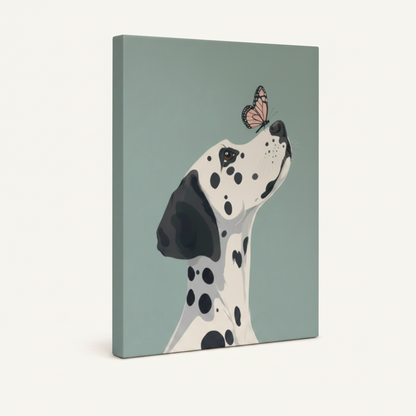 Gallery-wrapped minimalist Dalmatian canvas print with butterfly on sage blue background, angled side view