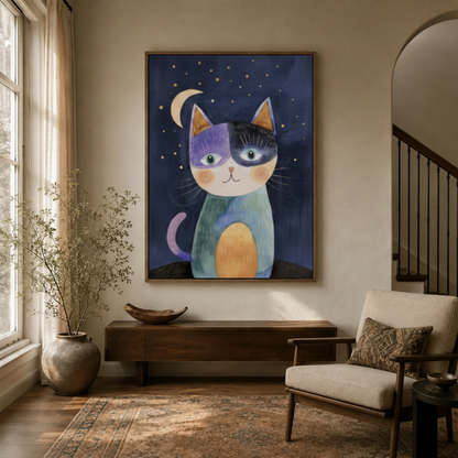 Whimsical night sky cat canvas print displayed in entryway beside dried branch floor vase