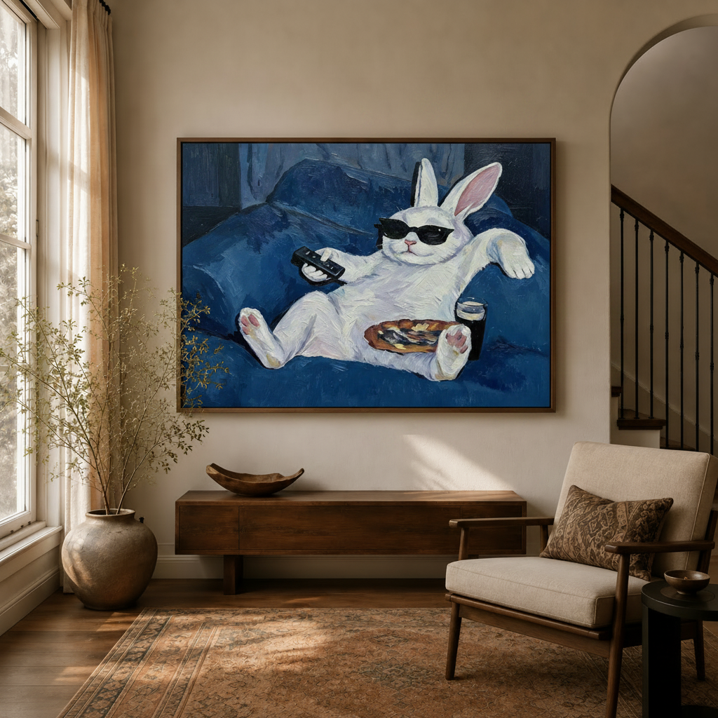 Funny bunny oil painting canvas wall art displayed above console in warm neutral entryway