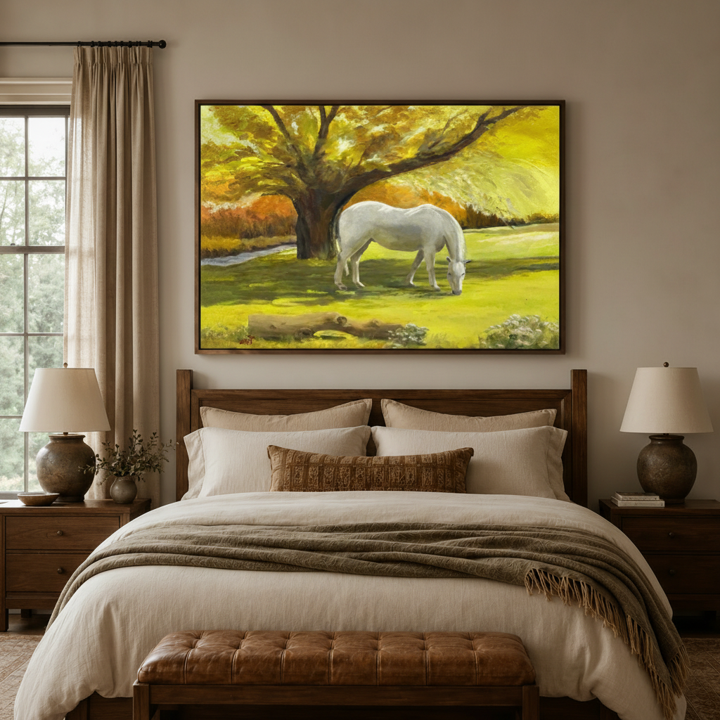 White horse autumn landscape classical realist canvas wall art in dark walnut frame above cozy bedroom bed