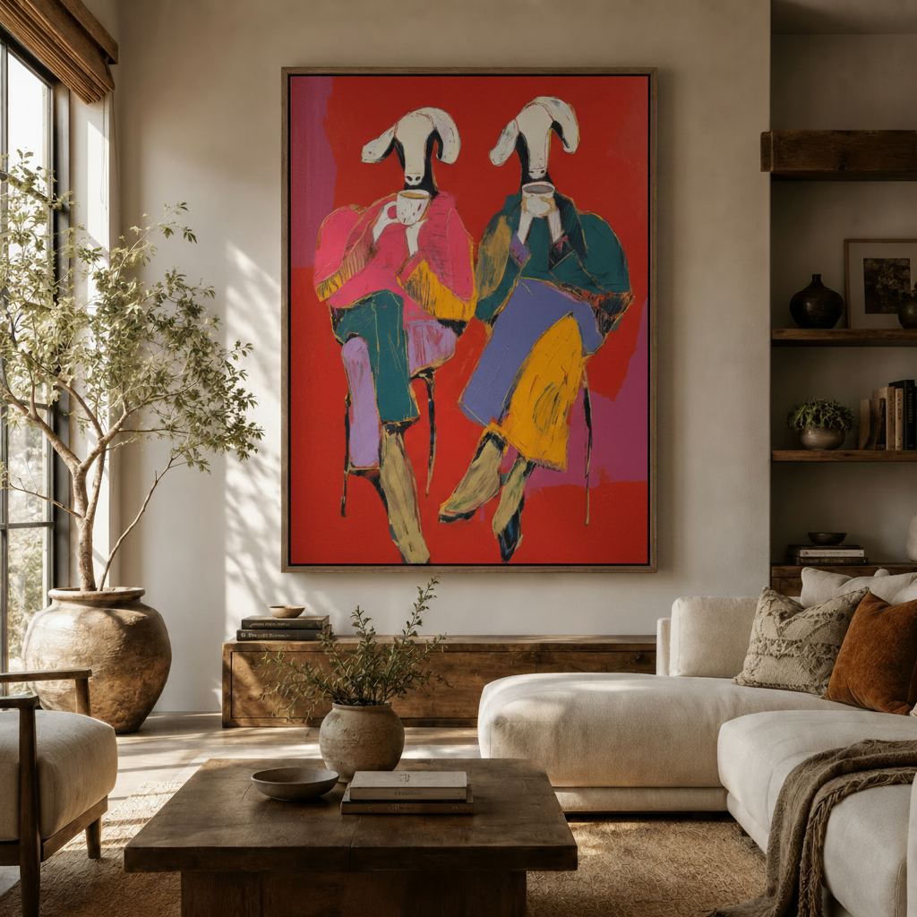 Pop art goat canvas print displayed above wooden sideboard in modern living room