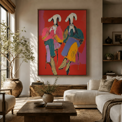 Pop art goat canvas print displayed above wooden sideboard in modern living room
