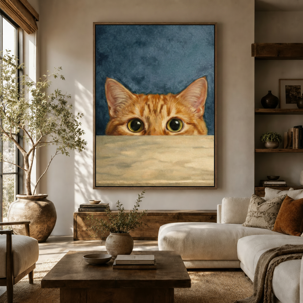 Orange tabby cat peeking over ledge oil painting canvas art above a neutral farmhouse sofa