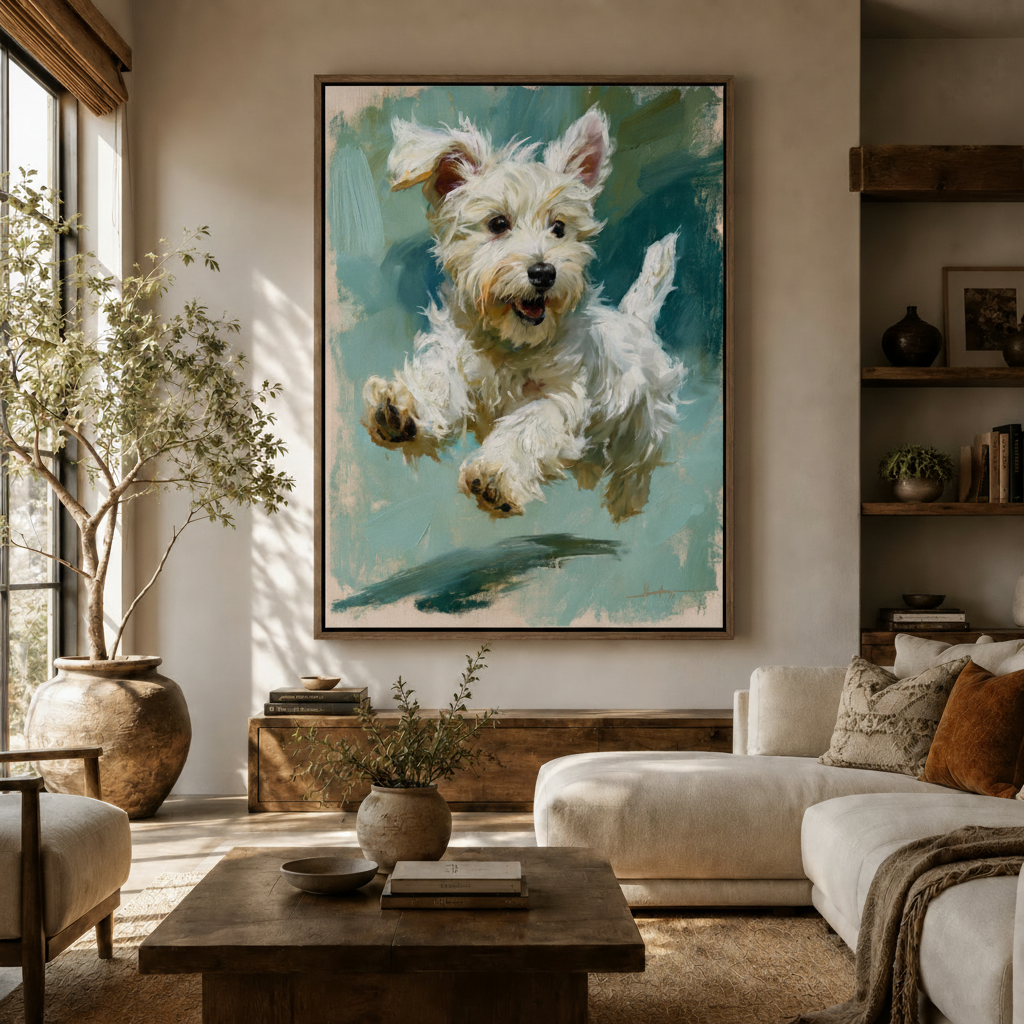 Framed Westie dog canvas painting hung above sofa in bright boho living room with natural light