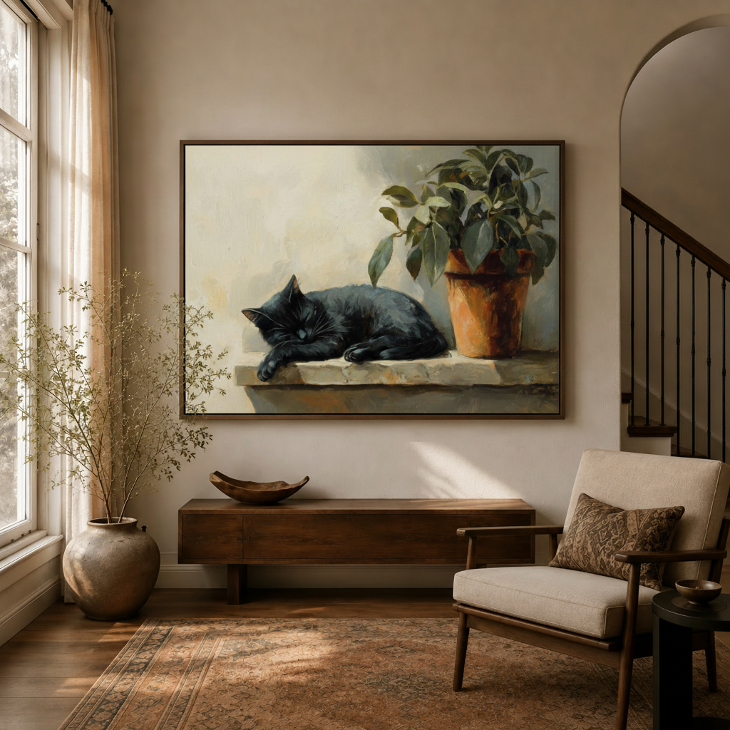 Sleeping black cat canvas wall art displayed in a warm living room entryway