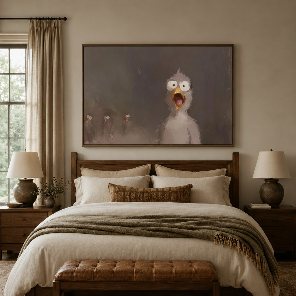 Screaming bird dark cinematic canvas wall art displayed above cozy neutral bedroom headboard
