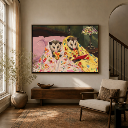 Funny opossum oil painting canvas in dark walnut frame displayed in warm entryway with dried branch vase