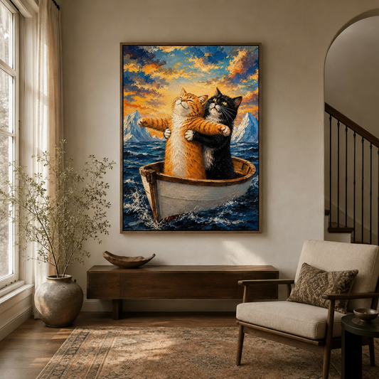Whimsical cat canvas wall art displayed in a cozy entryway beside a wooden console and armchair