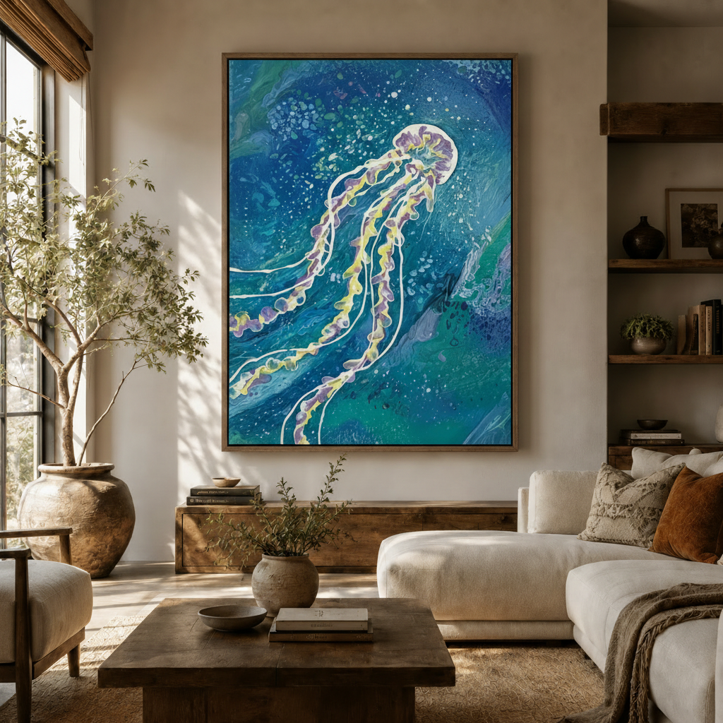 Jellyfish fluid acrylic canvas in warm living room with white sofa and olive tree