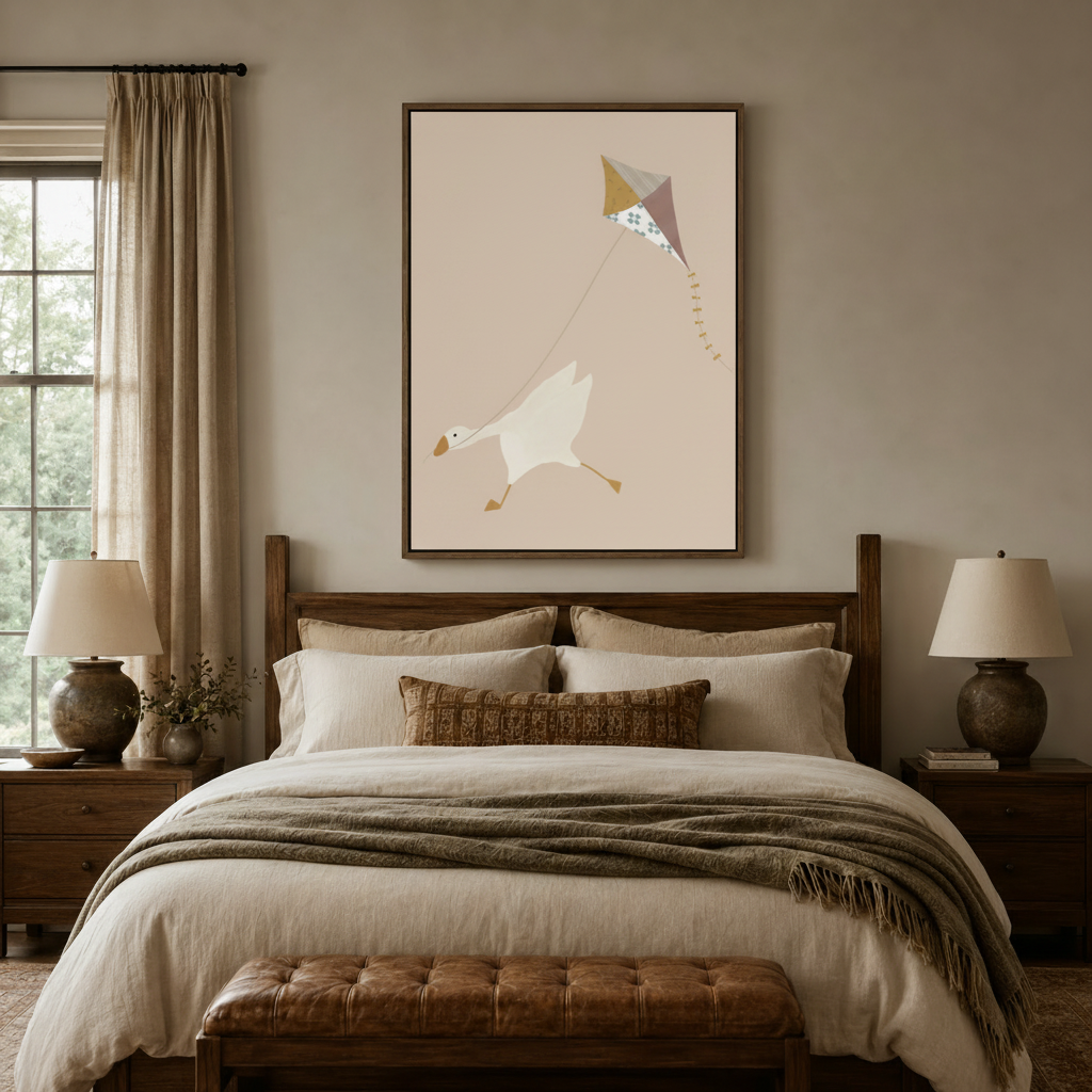 White goose flying geometric kite minimalist canvas in walnut float frame above cozy neutral bedroom headboard