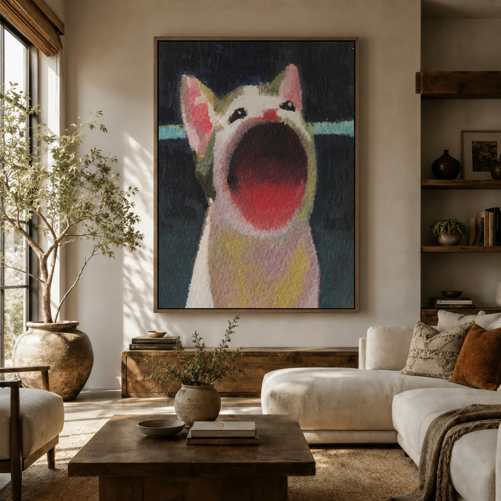 Expressive cat oil painting canvas print displayed above cream sofa in a warm modern living room