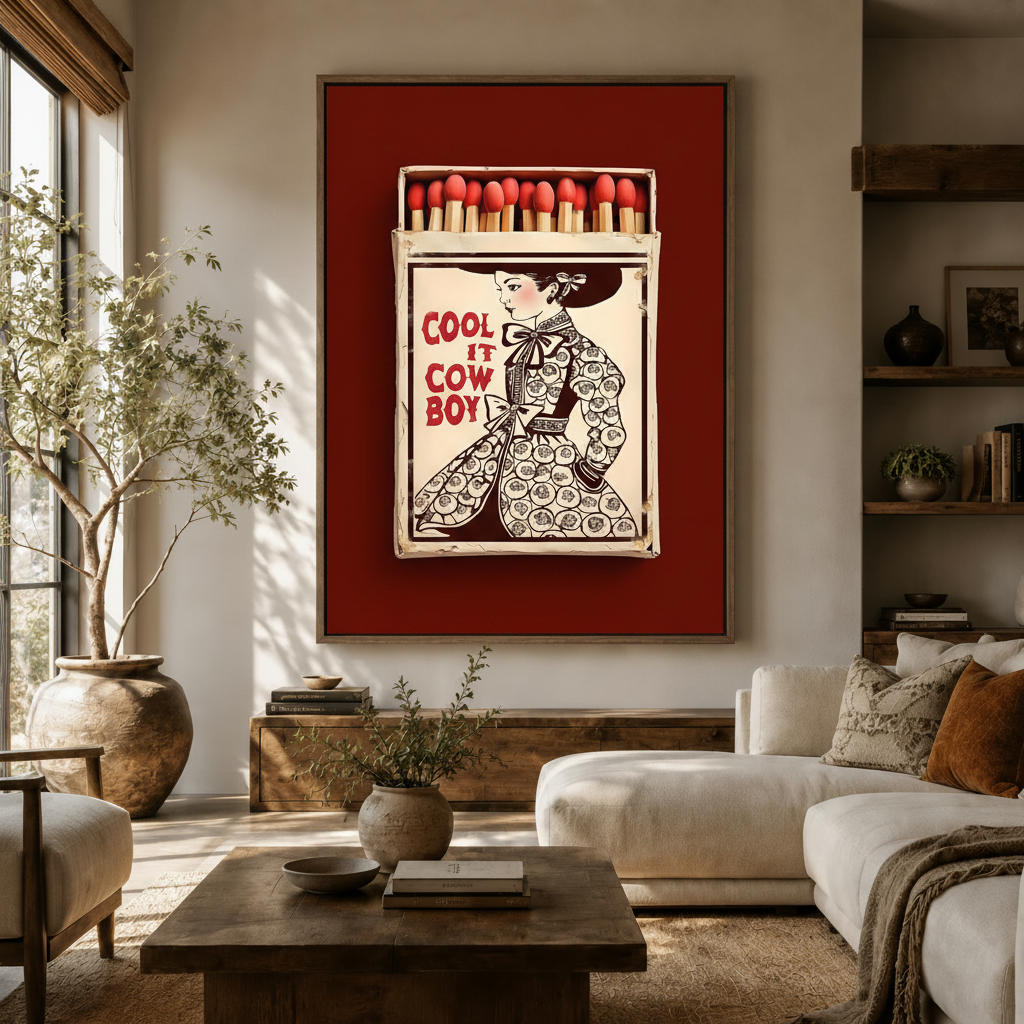 Cool It Cowboy vintage pop art canvas print displayed in a warm living room with olive tree and wooden sideboard