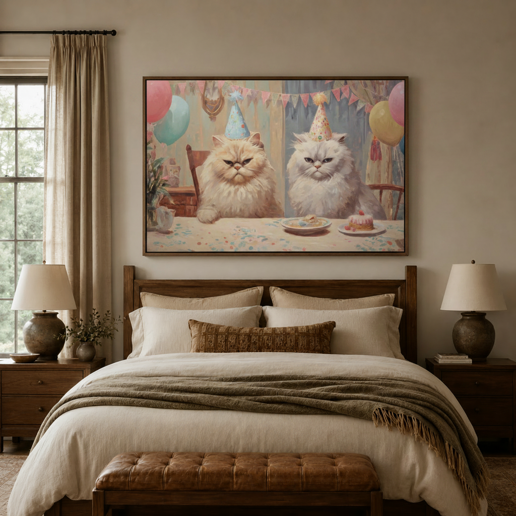 Persian cats birthday party whimsical canvas wall art displayed above cozy neutral bedroom headboard