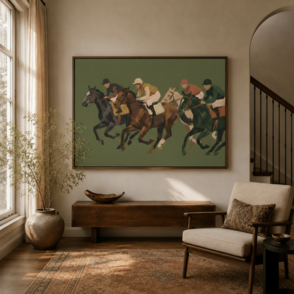 Vintage horse racing canvas wall art displayed in a warm living room above a wood console table
