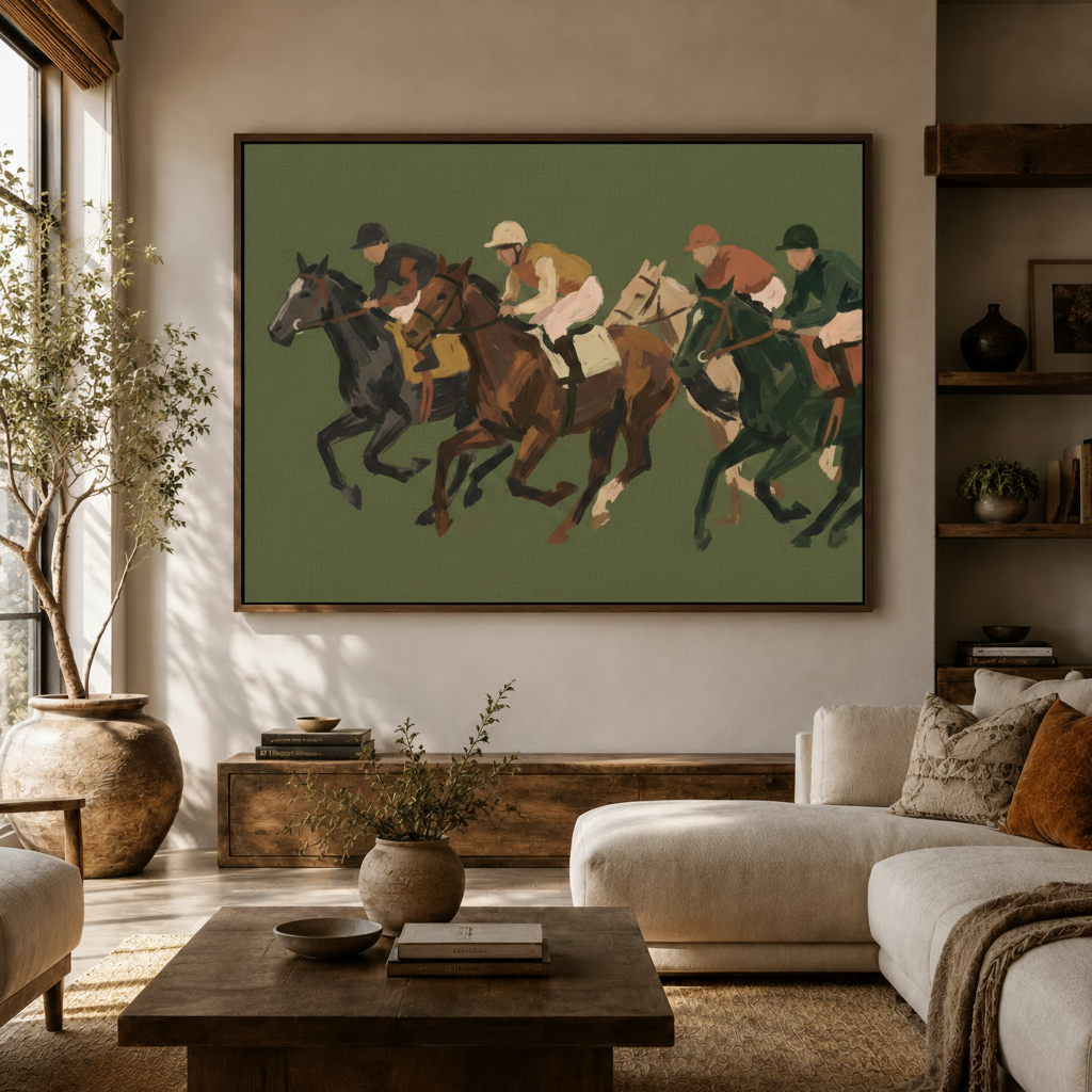 Framed equestrian jockey canvas print hanging above a neutral sofa in a cozy living room setting