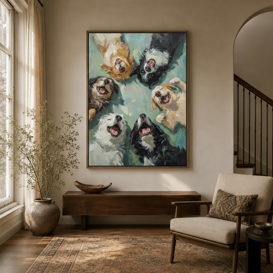 Happy dogs oil painting canvas wall art displayed in warm neutral entryway with console table