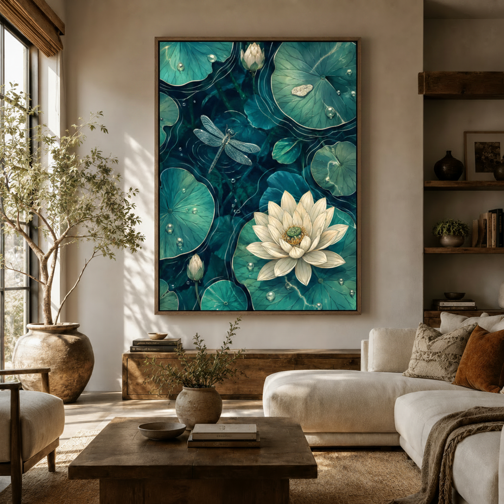 Lotus pond dragonfly canvas print displayed above a wooden sideboard in a modern living room with natural light