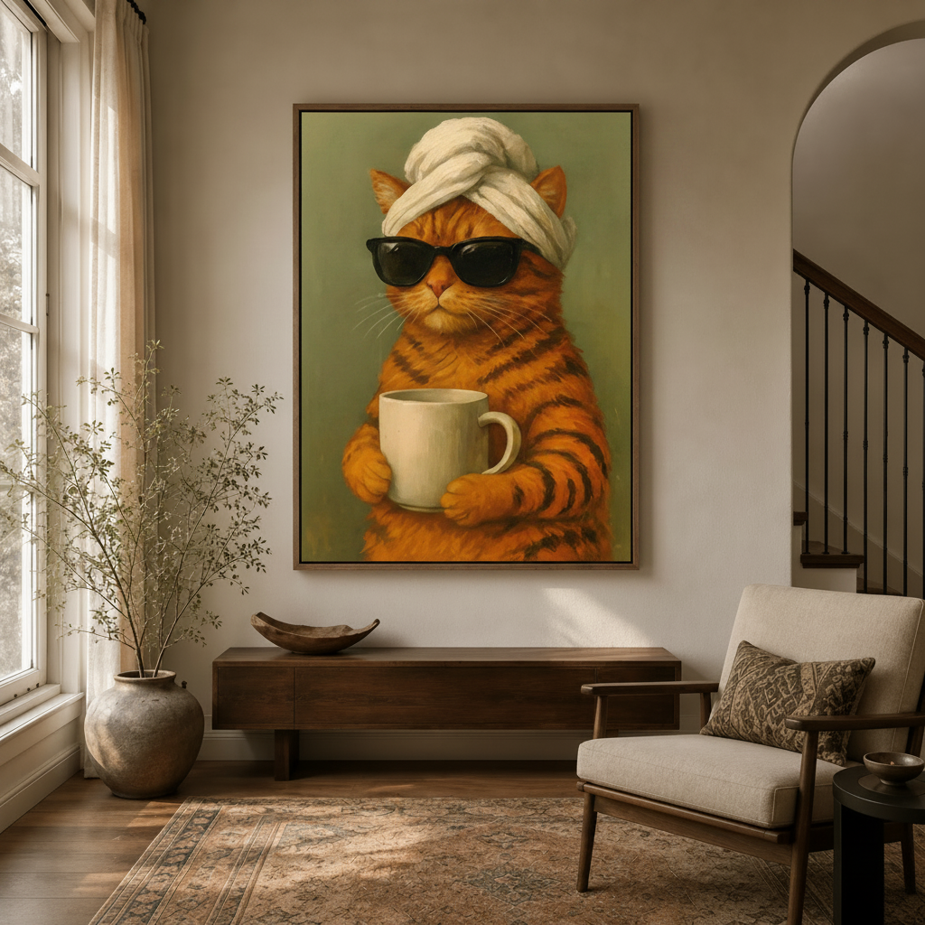 Funny cat oil painting wall art print displayed in a warm entryway above a walnut console table