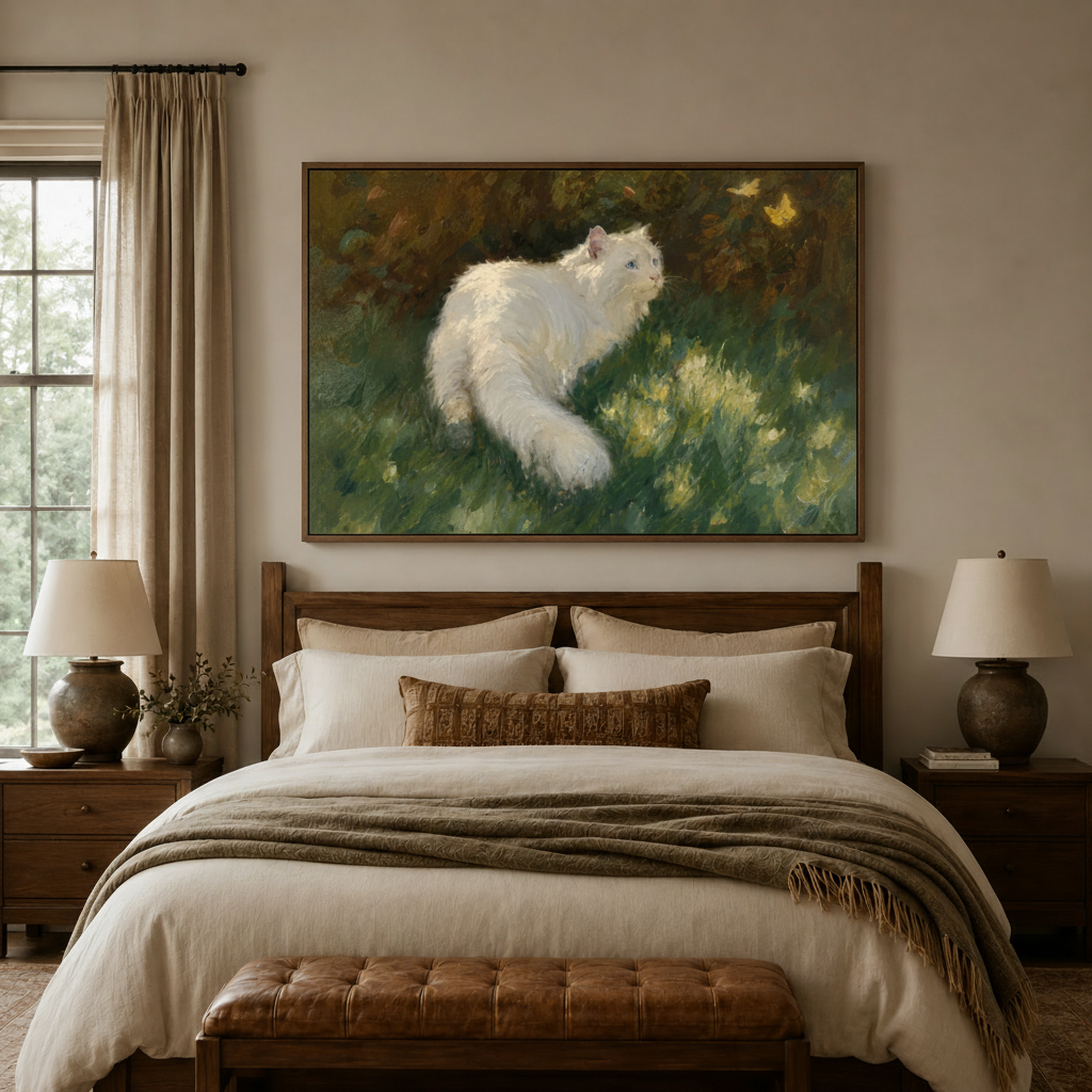 White cat chasing butterfly garden classical canvas wall art above walnut headboard in warm cream bedroom