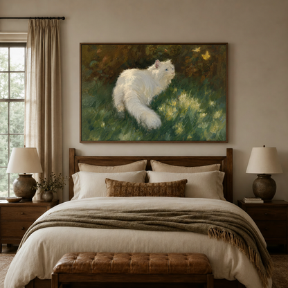 White cat chasing butterfly garden classical canvas wall art above walnut headboard in warm cream bedroom