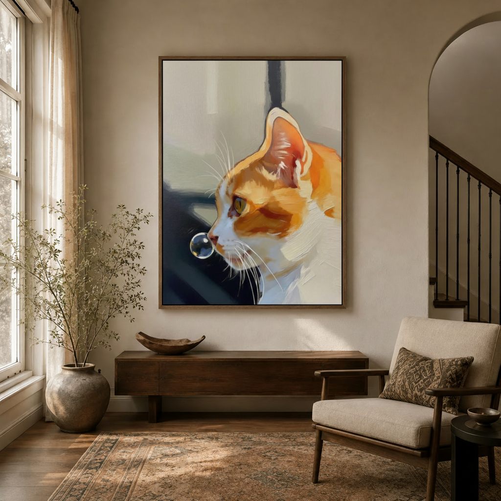 Painterly orange tabby cat portrait canvas wall art displayed in a warm entryway above a wood console