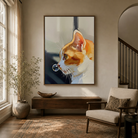 Painterly orange tabby cat portrait canvas wall art displayed in a warm entryway above a wood console