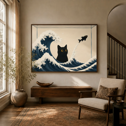 Whimsical black cat ukiyo-e canvas wall art displayed above wooden sideboard in warm neutral entryway with large window and olive tree