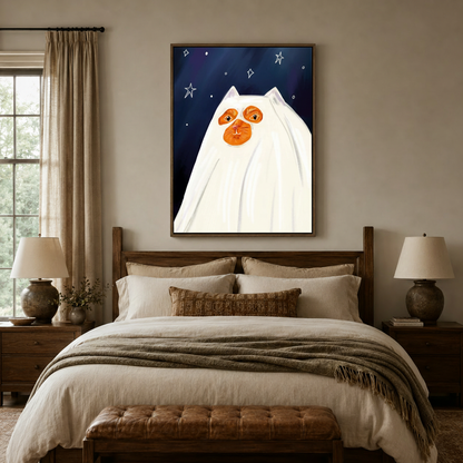 Whimsical ghost cat under starry night sky canvas print displayed above bedroom headboard
