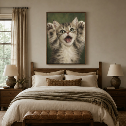 Playful kitten canvas art print displayed above bed in warm neutral bedroom