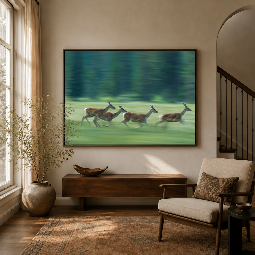 Running deer vintage canvas art in dark floating frame, angled product view