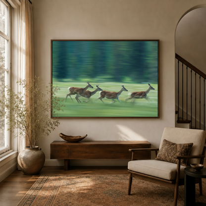Running deer vintage canvas art in dark floating frame, angled product view